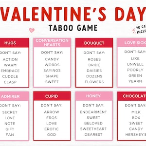 Gioco Taboo di San Valentino, Gioco di società, Gioco per la famiglia di San Valentino stampabile, Gioco di carte per la famiglia di San Valentino, Parole proibite, San Valentino stampabile