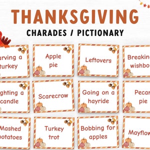 Juego imprimible de Charadas de Acción de Gracias, Tarjetas de Charadas, Pictionary de Acción de Gracias, Juego de fiesta de otoño imprimible, Juego familiar imprimible de vacaciones