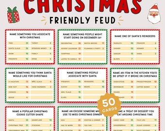 May include: A colorful Christmas-themed game card set titled "Friendly Feud." The cards feature various categories and answers related to Christmas traditions, including Santa, gifts, and holiday activities. The game includes 50 cards.