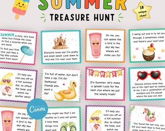 Editable Summer Treasure Hunt, Printable Scavenger Hunt, Kids Treasure Hunt, Summer Party Games, Editable Canva Template, Family Activities
