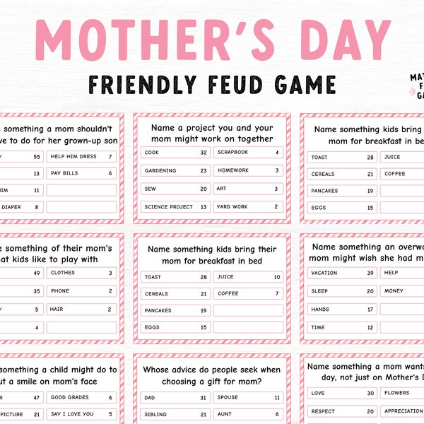 Mother's Day Friendly Feud Game, Trivia Night, Printable Family Feud Quiz, Family Game, Printable party group game, Mom birthday activity