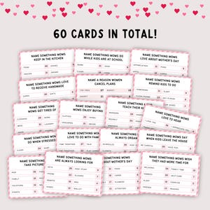 May include: A set of 60 cards with prompts for Mother's Day, with pink and white text on a pink background. The cards are arranged in rows and columns, with titles like "Name Something Moms Love About Mother's Day."