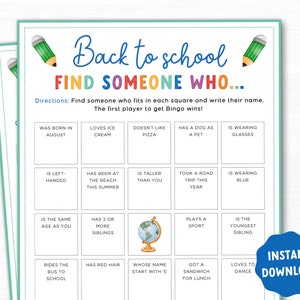 Back to School Find someone who Printable Game, Printable Back to School Game, School Activity for kids, Classroom Game, Class Icebreaker
