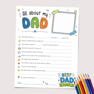 Todo sobre mi papá (imprimible) / Cuestionario del Día del Padre para niños / Hoja de trabajo para entrevistar a papá / Actividad para colorear del Día del Padre / Regalo para papá
