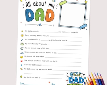Utskrivbart Allt om min pappa | Fars dag-frågeformulär för barn | Arbetsblad för pappaintervju | Målaraktivitet för fars dag | Present till pappa