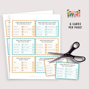 May include: Printable game sheets with various prompts, including "Name Something People Do While Waiting on Hold" and "Name Something Families Keep 'Just in Case'". A pair of scissors and a family illustration are also visible.