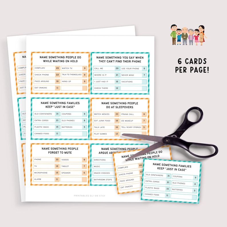 May include: Printable game sheets with various prompts, including "Name Something People Do While Waiting on Hold" and "Name Something Families Keep 'Just in Case'". A pair of scissors and a family illustration are also visible.