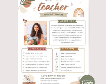 Modelo editável de apresentação do(a) professor(a) no Canva | Modelo para conhecer seu(sua) professor(a) | Carta de apresentação para professor(a) em estilo boho | Modelo editável para volta às aulas