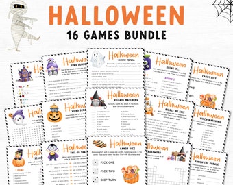 Paquete de 16 juegos de Halloween, juegos de fiesta de Halloween imprimibles, juegos de Halloween para niños y adultos, trivia de Halloween, juegos de Halloween imprimibles