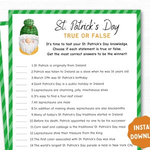 St. Patrick's Day True or False Game, Printable St. Patrick's Day Family Game, St. Paddy's Day Party Game Printable, Holiday Party Game