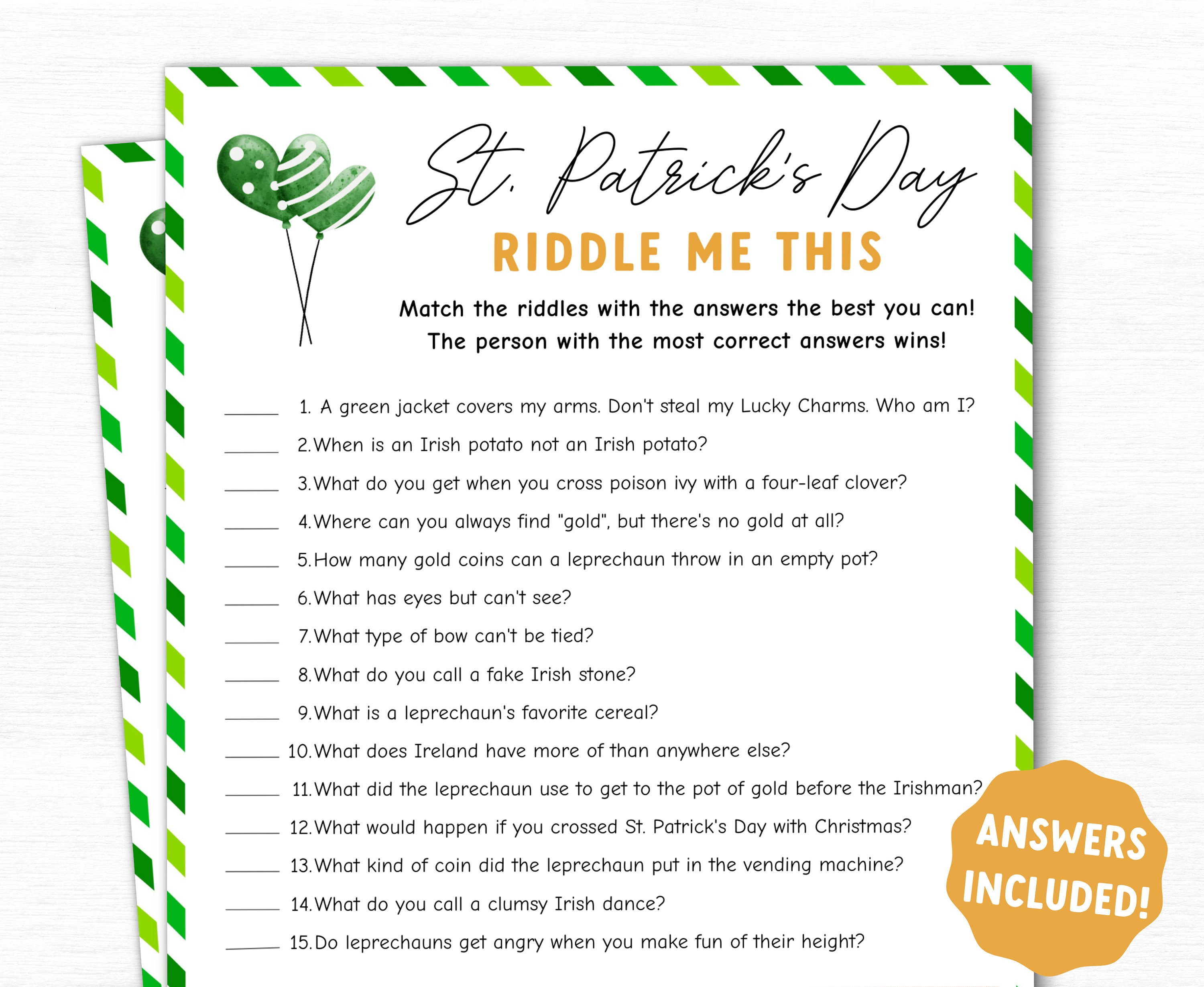 St. Patricks Day Riddle Me This Printable Game Family - Etsy