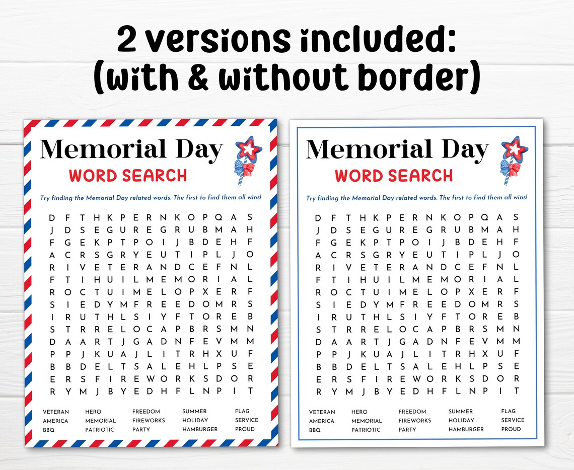 Printable Memorial Day Word Search Game Memorial Day Games Etsy