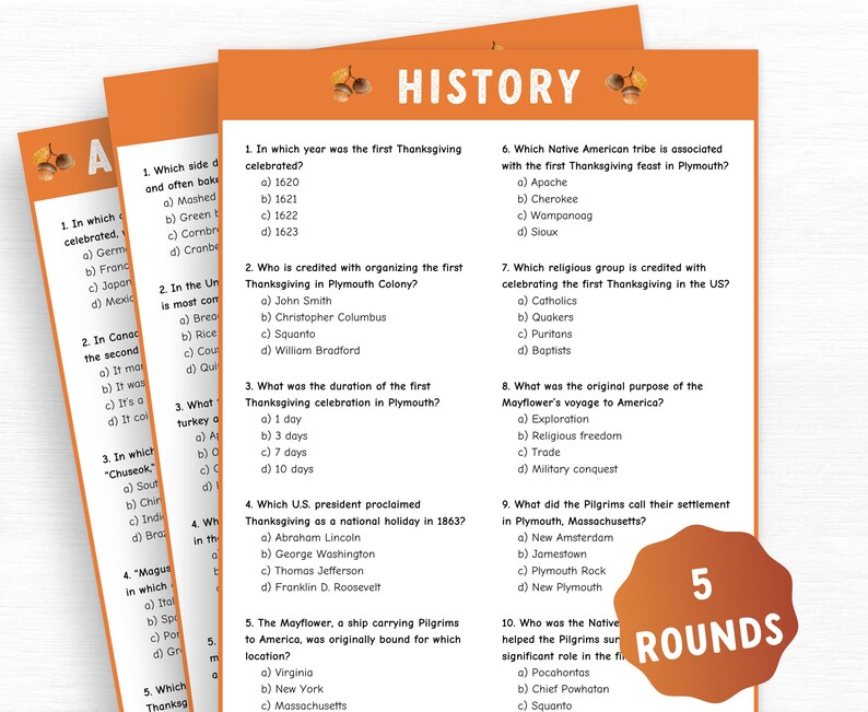 May include: Thanksgiving history trivia game with multiple choice questions. The game includes 5 rounds of questions about the first Thanksgiving, with answers. The game is printed on orange paper with acorn graphics.