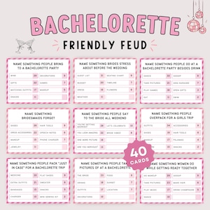 May include: A set of 40 Bachelorette Friendly Feud game cards featuring pink and black text on a light background. Each card displays a survey question with eight listed answers and corresponding point values, decorated with disco ball and glass icons.
