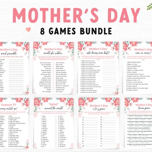 Puede incluir: Un conjunto de ocho juegos para el D&iacute;a de la Madre, que incluyen rompecabezas de palabras, trivialidades y juegos de emparejamiento. Los t&iacute;tulos son de color rosa, con detalles florales. Ideal para una celebraci&oacute;n divertida.