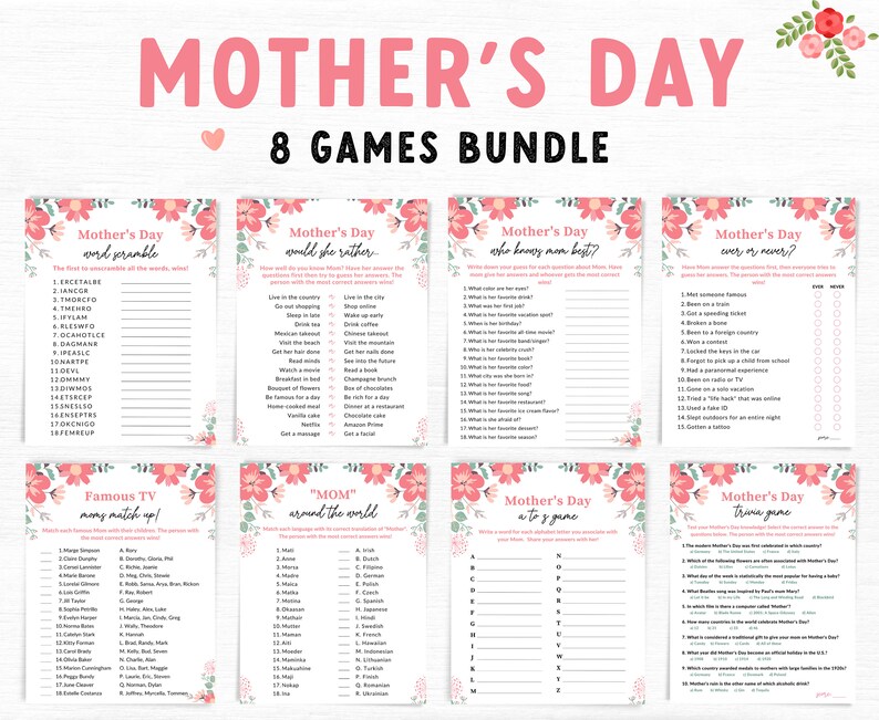 Puede incluir: Un conjunto de ocho juegos para el D&iacute;a de la Madre, que incluyen rompecabezas de palabras, trivialidades y juegos de emparejamiento. Los t&iacute;tulos son de color rosa, con detalles florales. Ideal para una celebraci&oacute;n divertida.
