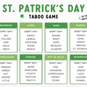 Op de afbeelding: St. Patrick's Day Taboo-spel met 63 kaarten. Het spel bevat groene en witte kaarten met woorden als "Regenboog", "Maïs" en "Wens". Het spel bevat een lijst met woorden die je niet mag zeggen.