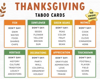 Thanksgiving Taboo Game Cards, Party game, Printable Thanksgiving Family Game, Family Cards game, Forbidden Words, Thanksgiving Game