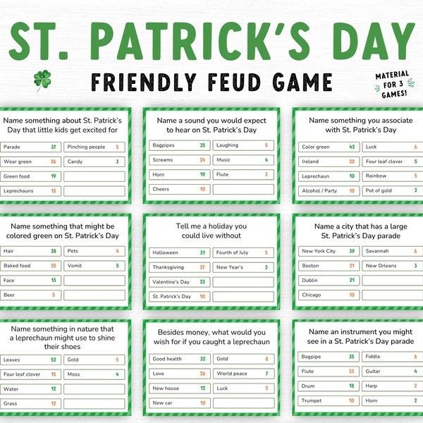St Patrick's Day Friendly Feud Game, Family Feud Quiz, Family Game, Printable St Patrick's Day Game, Printable Party Night Game, Group games