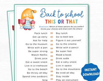 Back to School This or That Printable Game, Printable Back to School Game, School Activity for kids, Classroom Game, Class Icebreaker