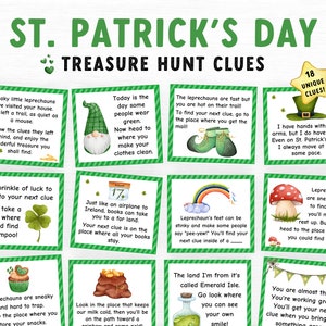 St. Patrick&#39;s Day Treasure Hunt, Patrick&#39;s Day Scavenger Hunt for kids, Printable Game for kids, St. Paddy&#39;s Treasure Hunt clues