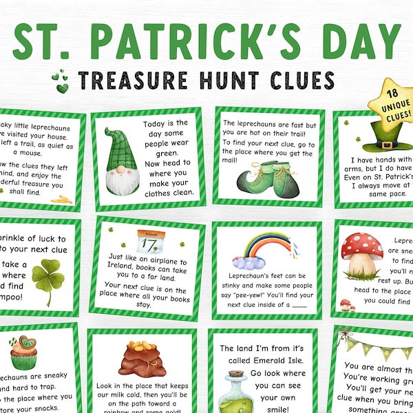 St. Patrick's Day Treasure Hunt, Patrick's Day Scavenger Hunt for kids, Printable Game for kids, St. Paddy's Treasure Hunt clues