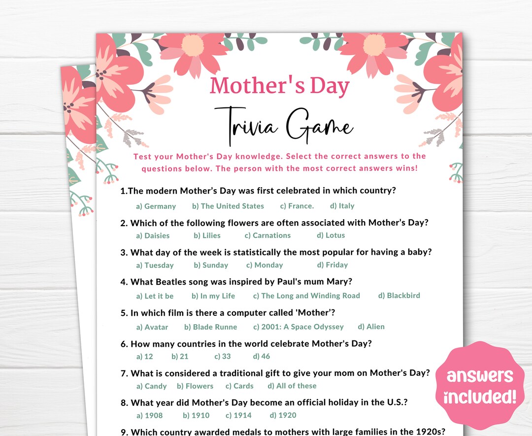 Mother's Day Trivia Game Printable Mothers Day Quiz - Etsy