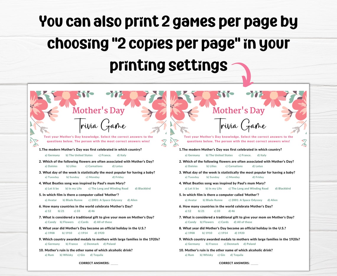 Mother's Day Trivia Game Printable Mothers Day Quiz Etsy