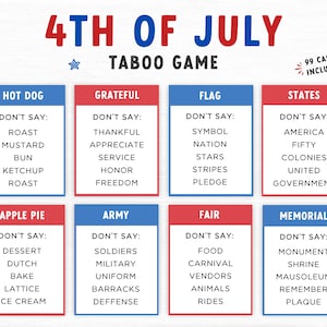 Gioco tabù del 4 luglio, gioco del partito patriottico stampabile, gioco per famiglie, gioco di carte per famiglie del 4 luglio, parole proibite, gioco in classe