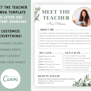 Meet the Teacher Template Watercolor, Classroom Printable Teacher Introduction, Back to School Canva Editable template for teachers