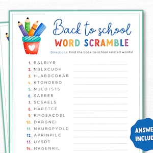 Juego imprimible de Word Scramble de regreso a la escuela, juego de regreso a la escuela imprimible, actividad escolar para niños, juego de aula, rompehielos de clase