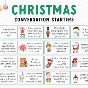 Starters kerstgesprek, afdrukbaar kerstfeestspel, gesprekskaarten familiediner, afdrukbaar kerstfeestspel, kerstspel