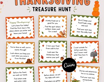 Editable Thanksgiving Treasure Hunt Clues, Autumn Game Editable Canva Template, Treasure Hunt Kids, Scavenger Hunt, Printable Family Game