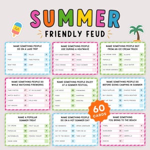 Op de afbeelding: Een kleurrijke "Summer Friendly Feud" kaartspelset met verschillende zomerthema's. De kaarten bevatten vragen als "Noem iets wat mensen doen tijdens een uitstapje naar het meer" en "Noem een populaire zomertraktatie".