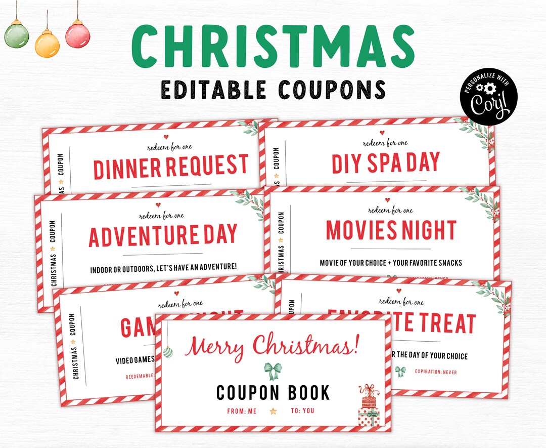 Printable Christmas Coupon Book, Editable Christmas Coupons Gift, Printable Coupons for Kids