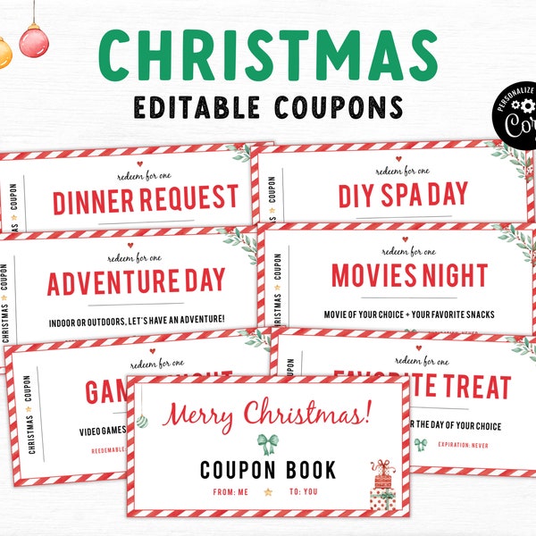 Livre de coupons de Noël imprimable, cadeaux de coupons de Noël modifiables, coupons imprimables pour les enfants, vacances imprimables, cadeau pour lui, cadeau pour elle