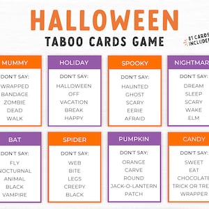 Halloween Tabu-Spiel, Familien-Party-Spiel, druckbares Halloween-Familienspiel, Halloween-Familienkartenspiel, verbotene Wörter, druckbares Halloween-Spiel