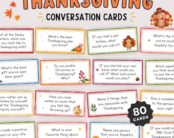 May include: A set of 80 Thanksgiving conversation cards featuring various questions about the holiday. Each rectangular card has a dashed border, colorful watercolor accents, and text prompts like 'What's the best Thanksgiving joke you know?'