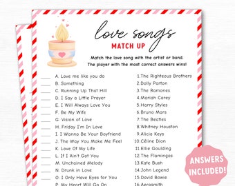 Valentines Day Love Songs Match up Game Printable, Family Game, Printable Valentines Day Party Game, Classroom Game, Valentines Printable