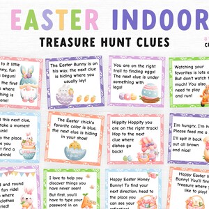 Pistas para la búsqueda del tesoro de Pascua en interiores, búsqueda del tesoro de Pascua para niños, juego imprimible de Pascua para niños, pista imprimible de búsqueda de huevos, juego de Pascua