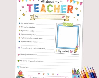 All About My Teacher Printable | Teacher Appreciation Worksheet | Thank You Teacher Gift | End of Year Activity | Kids Coloring Activity