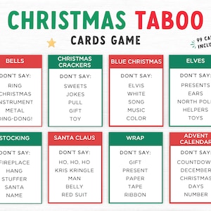 Jeu tabou de Noël, jeu de fête de famille, jeu de famille de Noël à imprimer, jeu de cartes de famille de Noël, mots interdits, Noël à imprimer