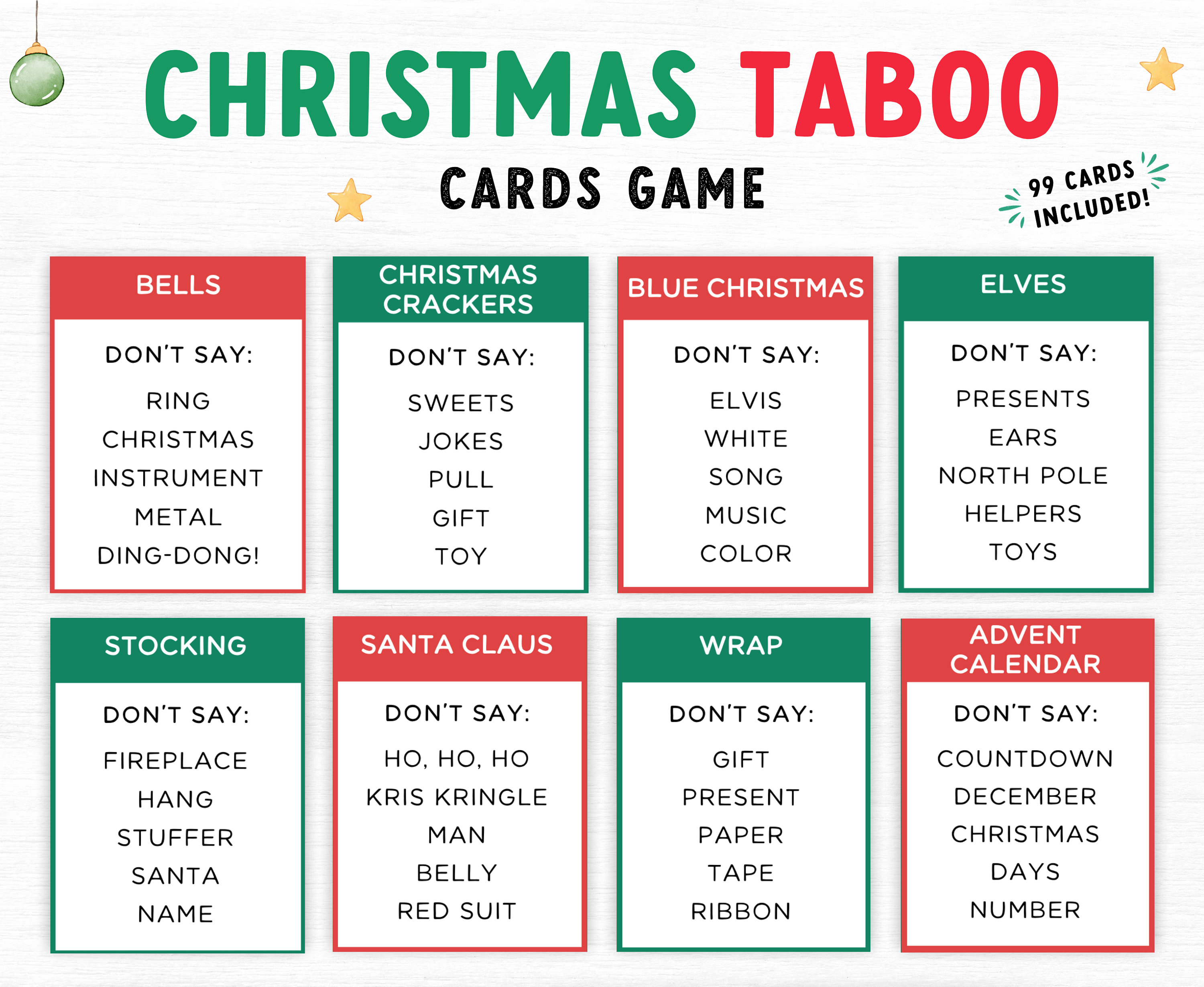 christmas taboo game, family party game, printable christmas