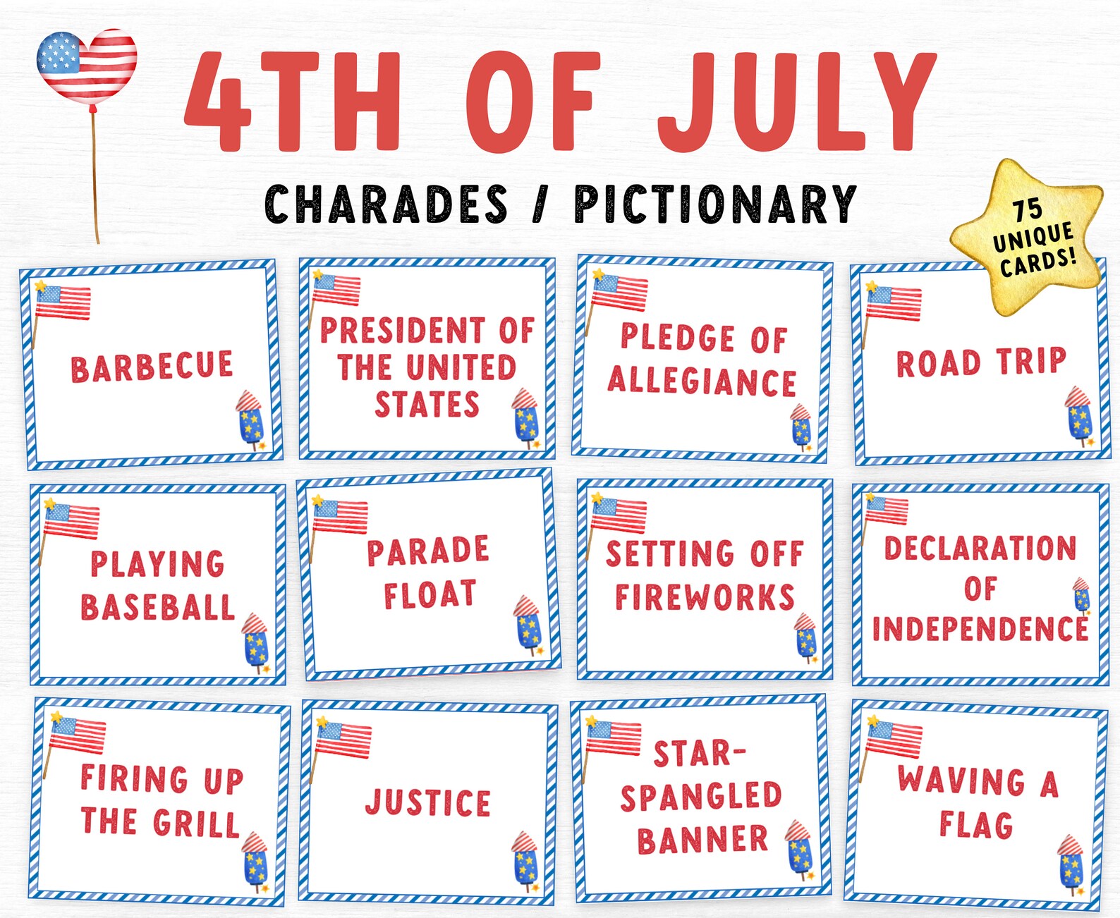 Fourth of July Charades Printable Game Charades Cards Patriotic Fourth of July Charades Printable Game Charades Cards Patriotic