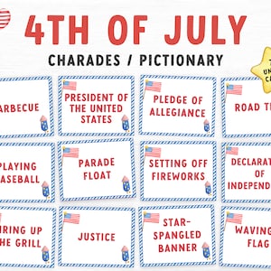Gioco stampabile sciarade del 4 luglio, carte sciarade, immagini patriottiche, gioco di festa stampabile del 4 luglio, gioco per famiglie stampabile estivo