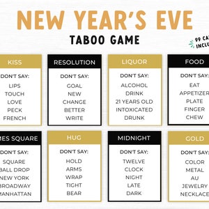 Juego tabú de Nochevieja, Juego de fiesta familiar, Juego familiar de Año Nuevo imprimible, Juego de cartas familiares navideñas, Palabras prohibidas, Año Nuevo imprimible