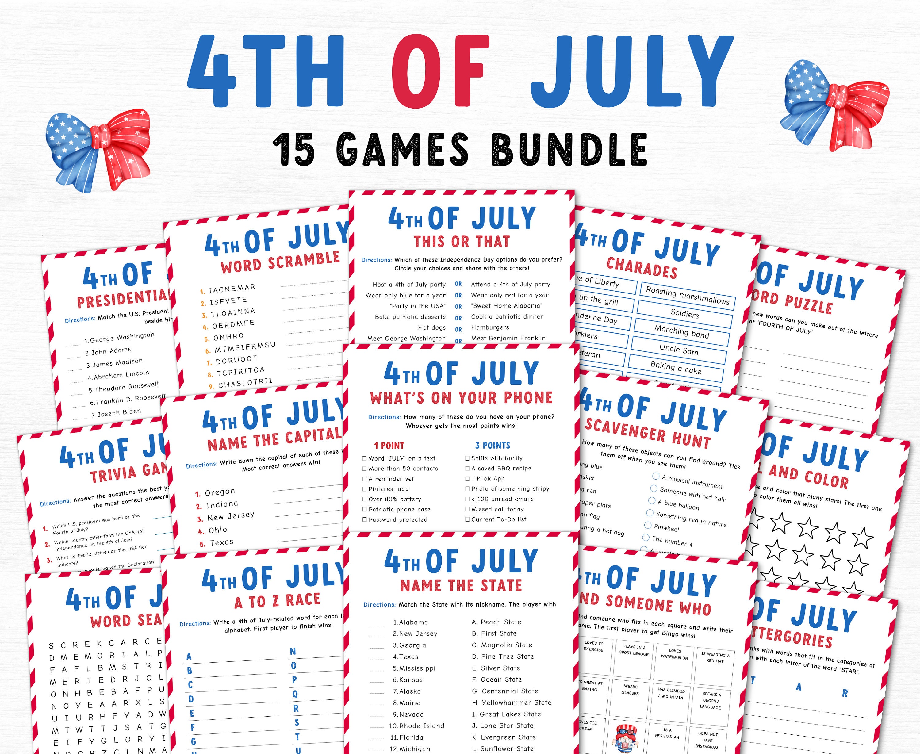Paquete de 15 juegos imprimibles del 4 de julio, juegos imprimibles del 4 de julio para niños y adultos, juegos de fiesta familiares imprimibles, juegos patrióticos