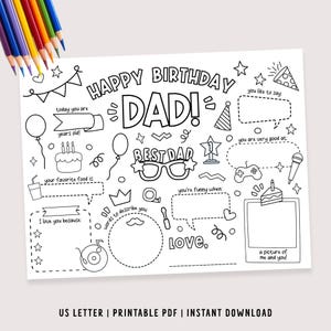 Könnte beinhalten: Schwarz-weiß druckbare Happy Birthday Dad Ausmalvorlage mit Ausfüllaufforderungen. Enthält Platz für Lieblingsessen, Dinge, die Sie lieben, und ein Bild. Mit Kuchen, Luftballons und Sternen.