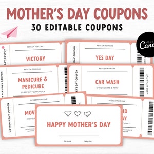 Mother&#39;s Day coupon Book Editable Template, Printable Coupon Book, Love Coupons, Coupons for mom, Mother&#39;s Day gift, gift for her