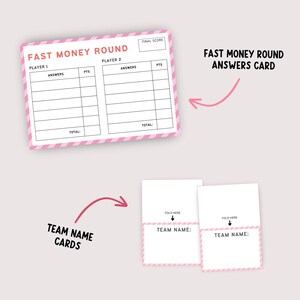 May include: A set of game cards with a pink and white striped border. The top card is labeled "FAST MONEY ROUND" and has spaces for answers and points. Below are two "TEAM NAME" cards with a space to write the team name.